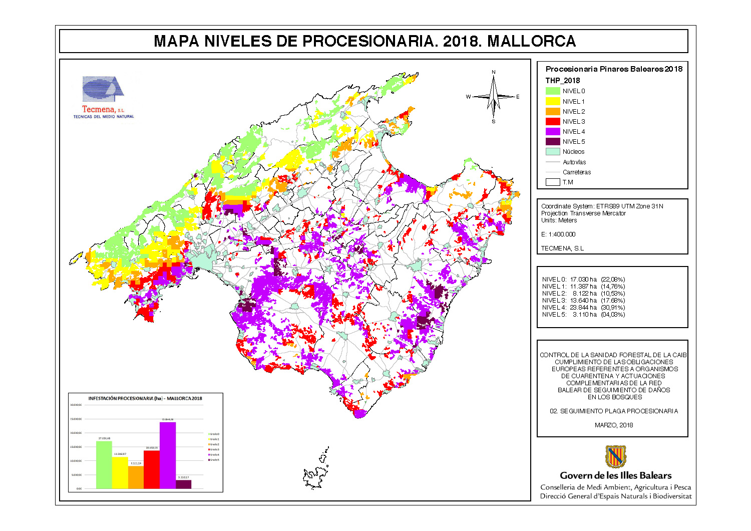 Mapa de afectación de la procesionaria del pino 2018 Mallorca